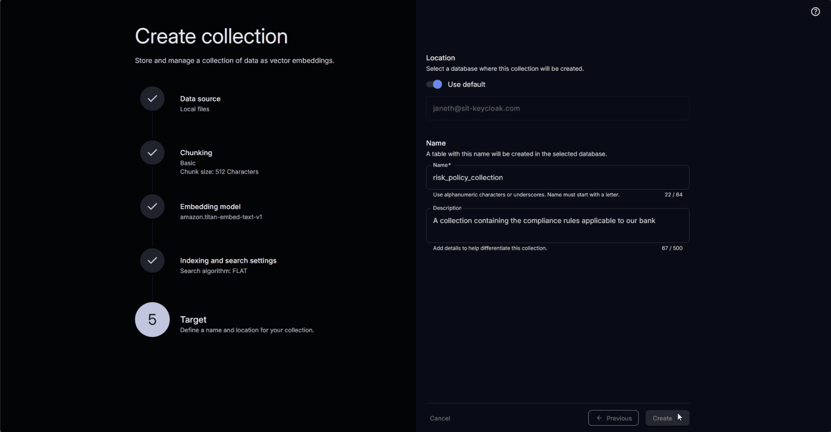 Defining the name and target database for the collection