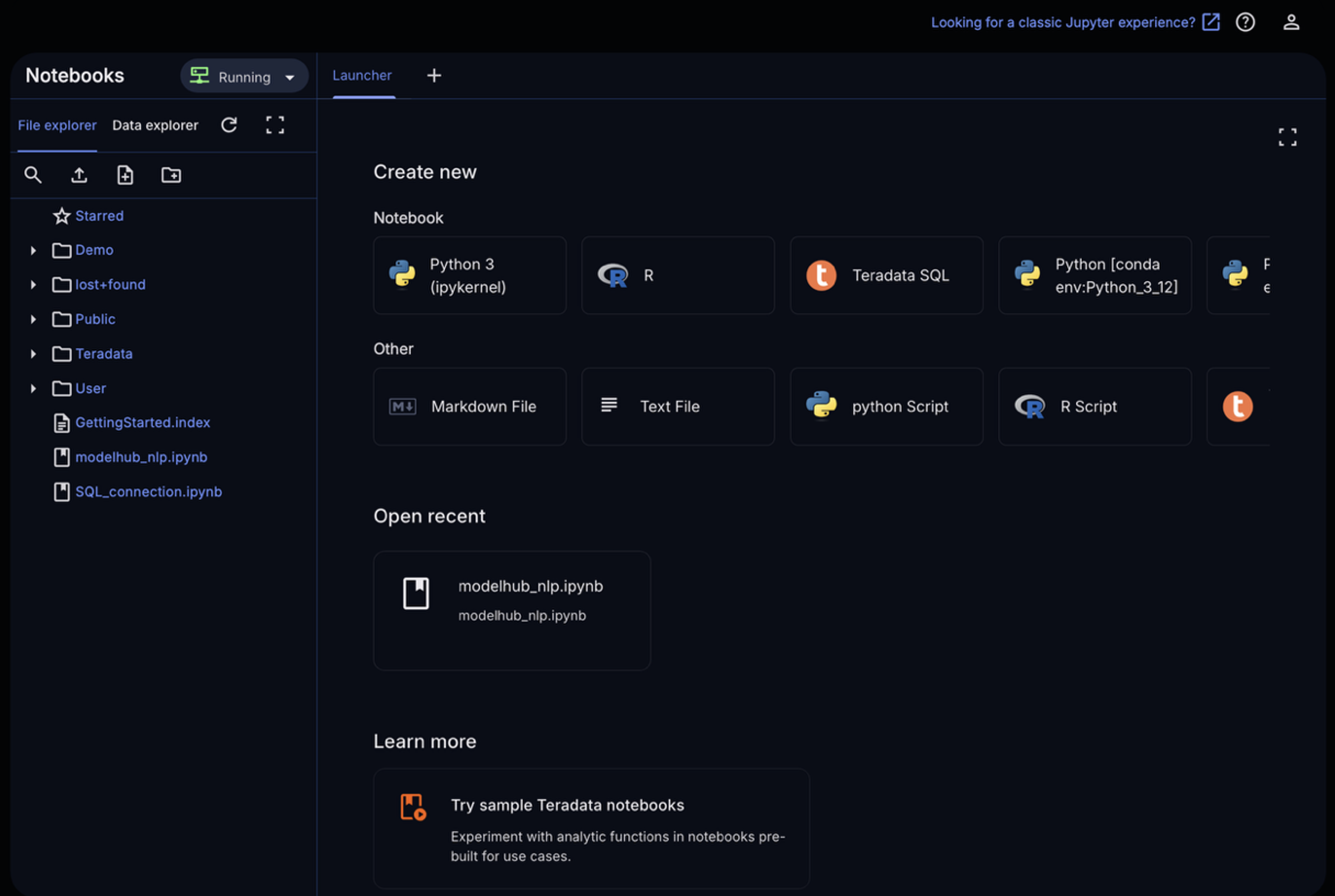 Notebook and kernel selection screen in AI Studio for running workloads against Teradata data