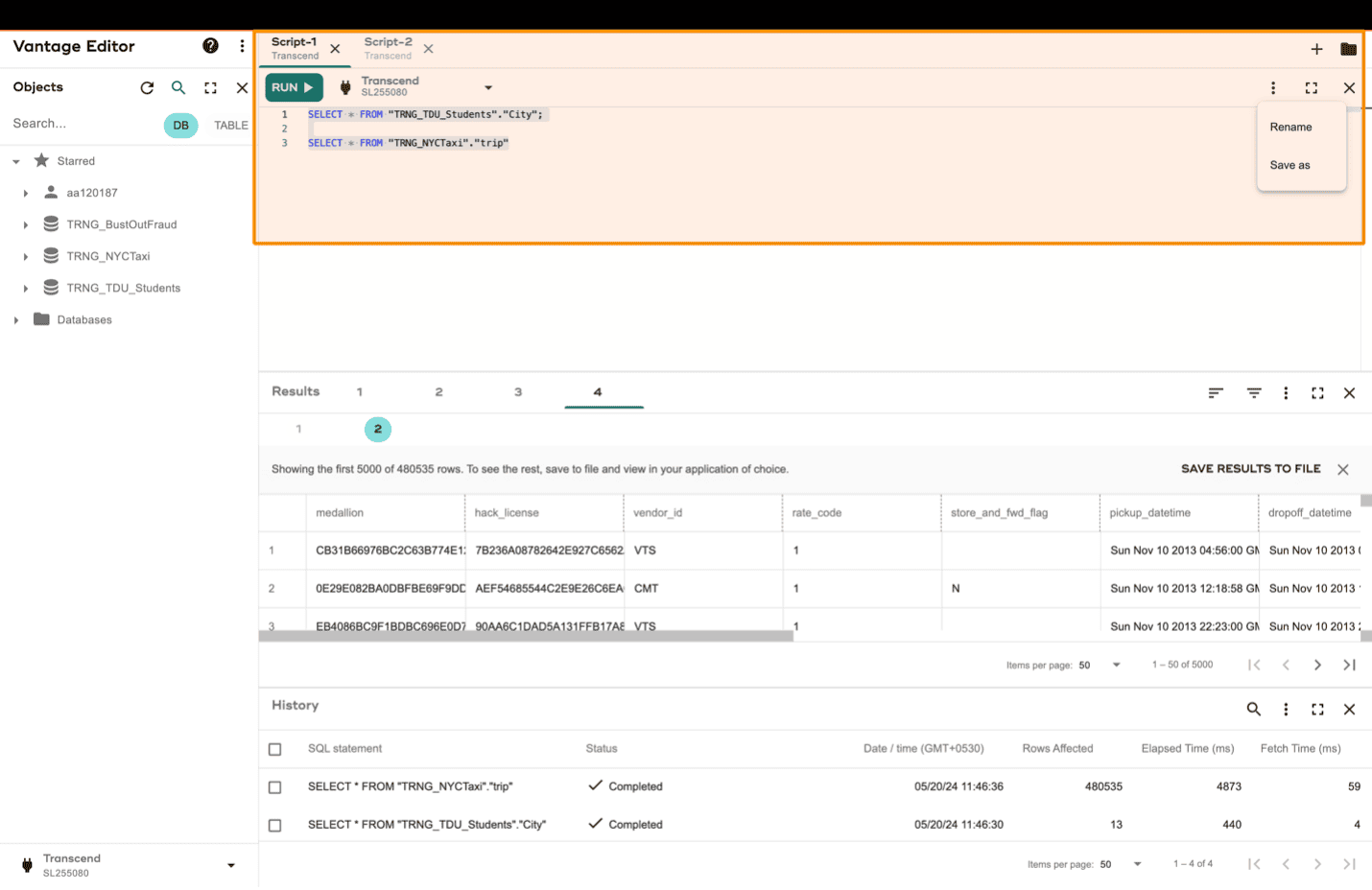 Script tabs which enable users to write,edit and execute queries- Vantage Editor Desktop
